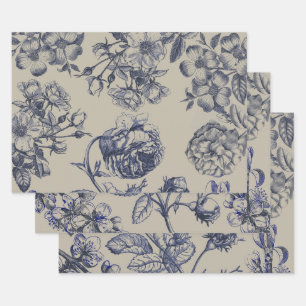 Blauw Vintage Toile Botanisch Bloemmotief Antiek P Inpakpapier Vel