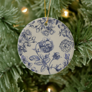 Blauw Vintage Toile Botanisch Bloemmotief Antiek P Keramisch Ornament