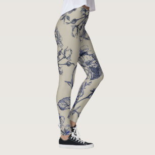 Blauw Vintage Toile Botanisch Bloemmotief Antiek P Leggings