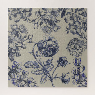 Blauw Vintage Toile Botanisch Bloemmotief Antiek P Legpuzzel