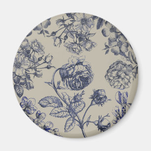 Blauw Vintage Toile Botanisch Bloemmotief Antiek P Magneet