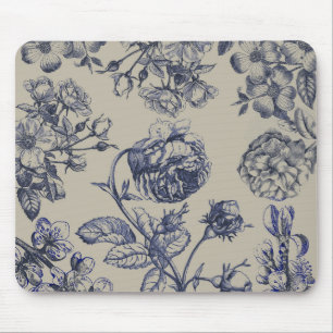 Blauw Vintage Toile Botanisch Bloemmotief Antiek P Muismat