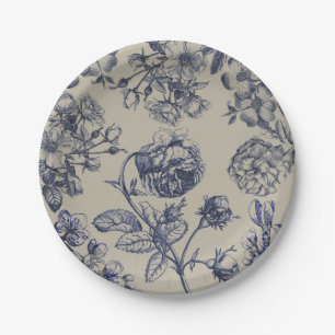 Blauw Vintage Toile Botanisch Bloemmotief Antiek P Papieren Bordje