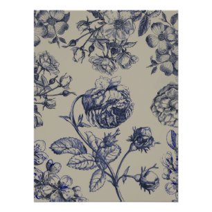 Blauw Vintage Toile Botanisch Bloemmotief Antiek P Perfect Poster