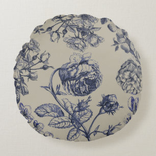 Blauw Vintage Toile Botanisch Bloemmotief Antiek P Rond Kussen