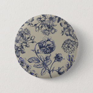 Blauw Vintage Toile Botanisch Bloemmotief Antiek P Ronde Button 5,7 Cm