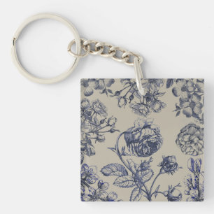 Blauw Vintage Toile Botanisch Bloemmotief Antiek P Sleutelhanger
