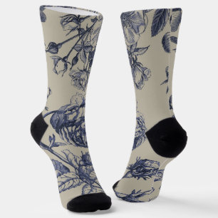 Blauw Vintage Toile Botanisch Bloemmotief Antiek P Sokken