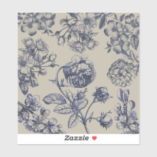 Blauw Vintage Toile Botanisch Bloemmotief Antiek P Sticker