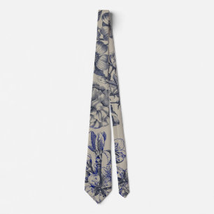 Blauw Vintage Toile Botanisch Bloemmotief Antiek P Stropdas