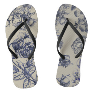 Blauw Vintage Toile Botanisch Bloemmotief Antiek P Teenslippers