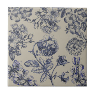 Blauw Vintage Toile Botanisch Bloemmotief Antiek P Tegeltje