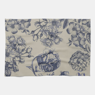 Blauw Vintage Toile Botanisch Bloemmotief Antiek P Theedoek