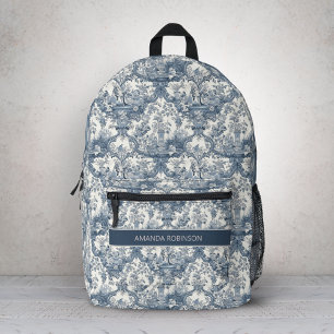 Blauw Vintage Toile de Jouy Bloemend Mozaïekdamast Bedrukte Rugzak