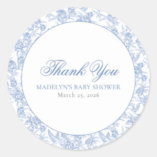 Blauw Vintage Toile De Jouy Script Jongens Baby Sh Ronde Sticker