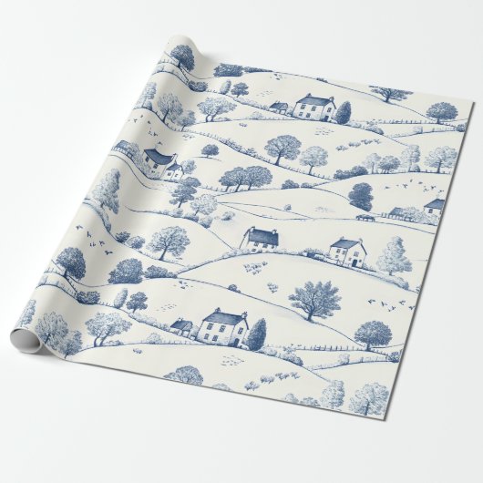 Blauw Vintage Toile Landschap (2) Cadeaupapier (Uitgerold)