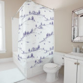 Blauw vintage toile landschap douchegordijn (In situ)