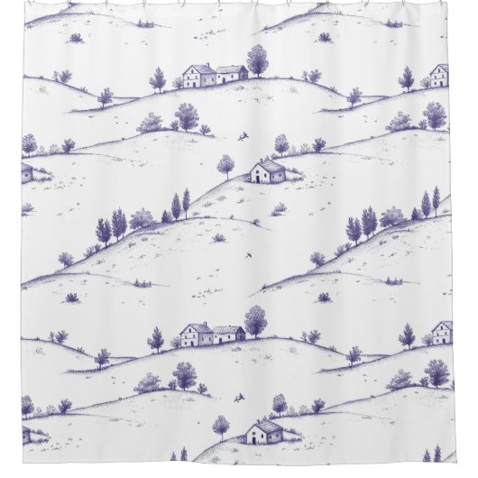 Blauw vintage toile landschap douchegordijn (Voorkant)