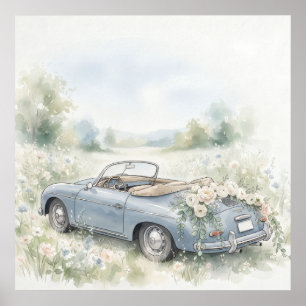 Blauw Vintage Trouwuitje Auto Watercolor Poster