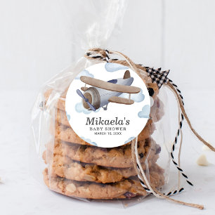Blauw Vintage Vliegtuig Baby Shower Bedankt Ronde Sticker