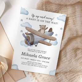 Blauw Vintage Vliegtuig Jongens Baby Shower Kaart