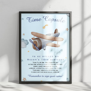 Blauw Vintage Vliegtuig Tijdscapsule 1e Verjaardag Poster