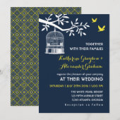 Blauw vintage vogelkooi trouwuitnodiging kaart (Voorkant / Achterkant)