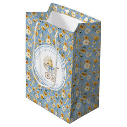 Blauw vintage wagen bloemzak voor babyshower cadea medium cadeauzakje