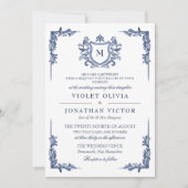 Blauw Vintage Wapen Monogram Huwelijk Kaart (Voorkant)