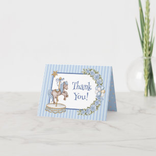 Blauw Vintage Waterverf Paard Draaimolen Baby Show Bedankkaart