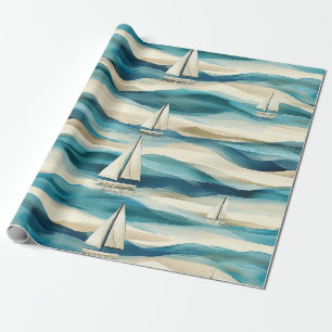 Blauw Vintage Zeilboot Maritiem Kustpatroon Cadeaupapier