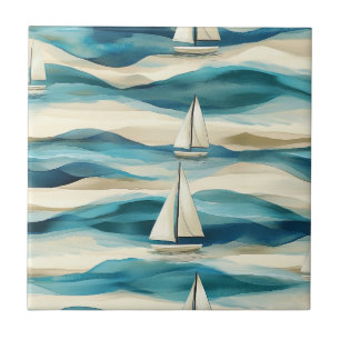 Blauw Vintage Zeilboot Maritiem Kustpatroon Tegeltje
