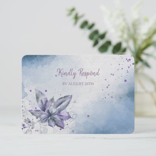 Blauw Violet Bloemen Modern Menu Trouwen RSVP (Staand voorkant)