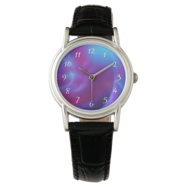 Blauw Violet en roze Cosmic Swirly Fractal Horloge (Voorkant)