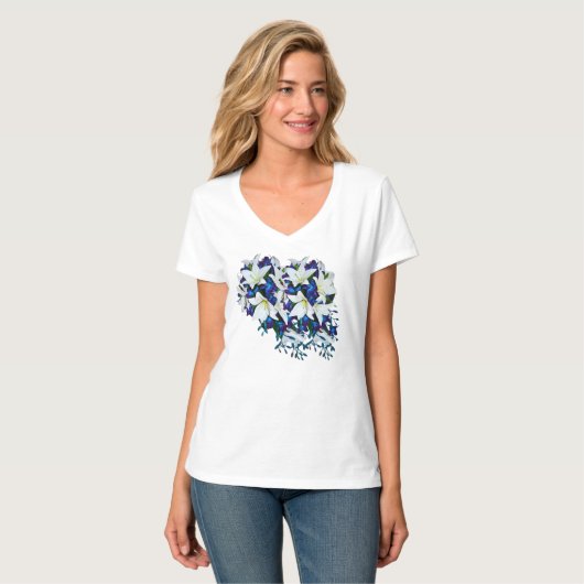 Blauw, Violet en Witte zijbloem Bridesmaid gift T-shirt (Voorkant volledig)