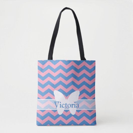 Blauw Violet Frosted Orchid Chevrons met vlinder Tote Bag (Voorkant)