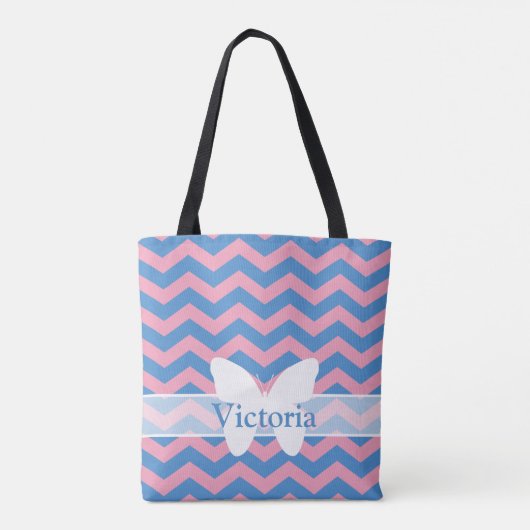 Blauw Violet Frosted Orchid Chevrons met vlinder Tote Bag (Achterkant)