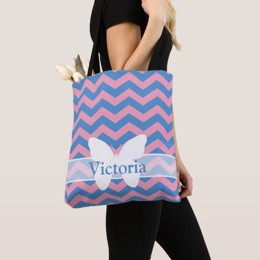 Blauw Violet Frosted Orchid Chevrons met vlinder Tote Bag (Dichtbij)