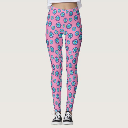 Blauw Violet roze bloemmotief Leggings (Voorkant)