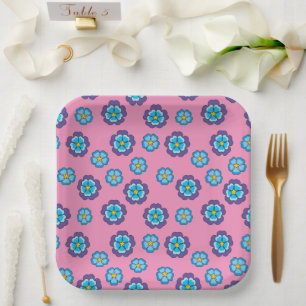 Blauw Violet roze bloemmotief Papieren Bordje