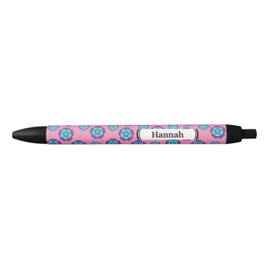Blauw Violet roze bloemmotief | personaliseren Zwarte Inkt Pen (Voorkant)