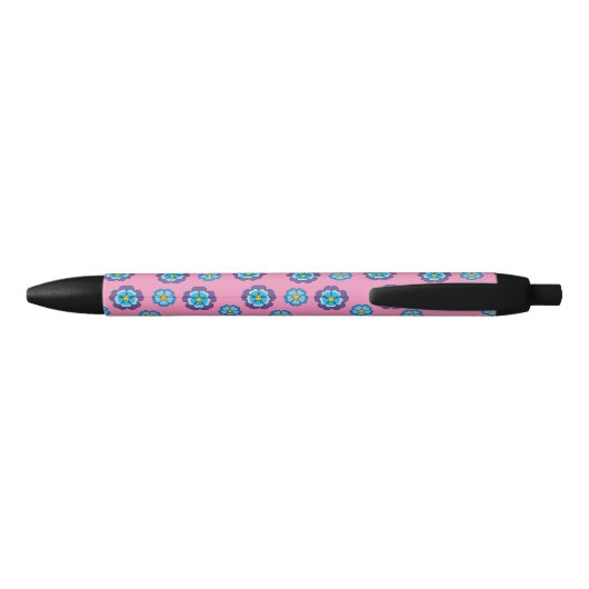 Blauw Violet roze bloemmotief | personaliseren Zwarte Inkt Pen (Achterkant)