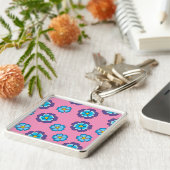 Blauw Violet roze bloemmotief Sleutelhanger (Zijkant)