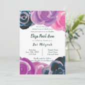 Blauw, Violet, Roze Rozen Bat Mitzvah Uitnodiginge Kaart (Staand voorkant)