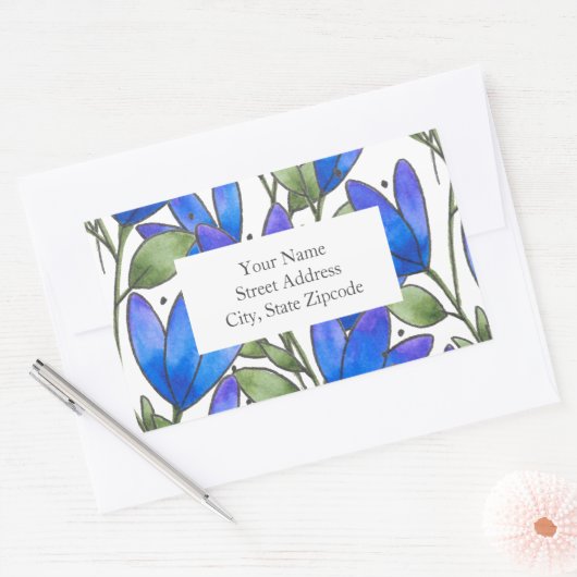 Blauw Violet Waterverf Bloemen Stampatroonlabels Rechthoekige Sticker (Envelop)