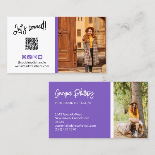 Blauw Violette Social Media Iconen QR Code Foto Visitekaartje (Voorkant / Achterkant)