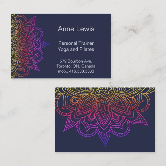 Blauw Visitekaartje met Bright Floral Mandala (Voorkant / Achterkant)