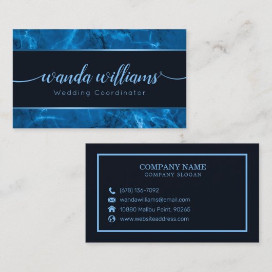 Blauw Visitekaartje met handgeschreven kalligrafie (Voorkant / Achterkant)