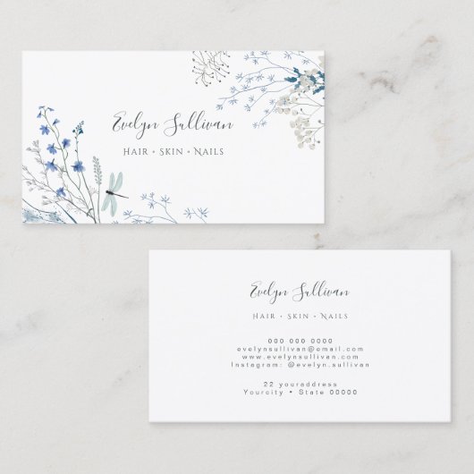 Blauw visitekaartje van wilde bloemen (Voorkant / Achterkant)