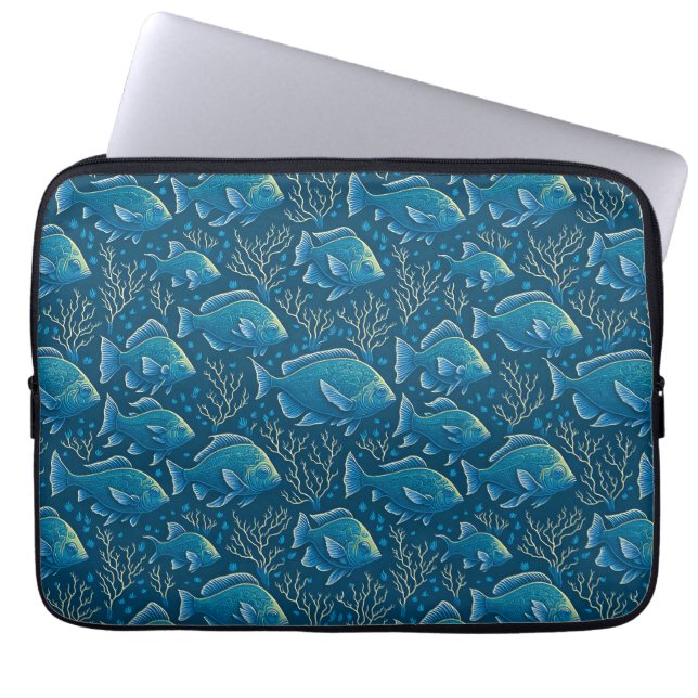 Blauw vispatroon laptop sleeve (Voorkant)